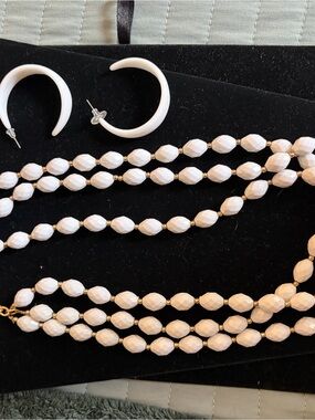 Elegant White Beaded Necklace and Hoop Earrings Set